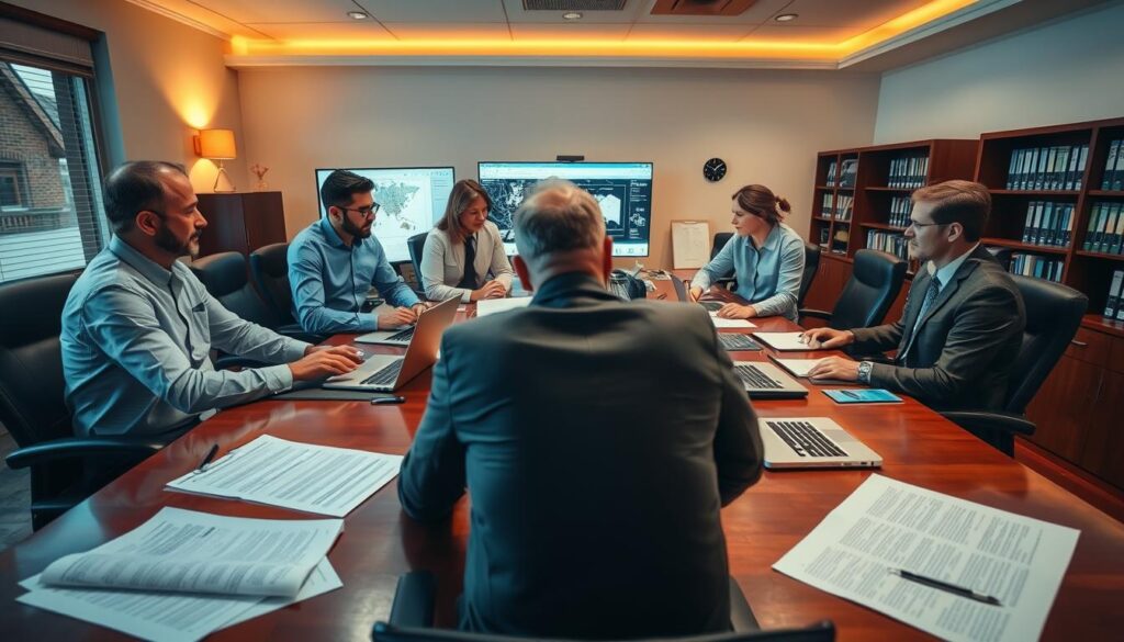 A bustling insurance claims office, with adjusters and restoration professionals collaborating at a polished wooden desk. Warm, indirect lighting casts a soft glow, creating an atmosphere of thoughtful deliberation. In the foreground, documents and laptops lie open, while a large monitor displays detailed damage assessments. The middle ground features a mix of hand gestures and intense discussions, as the two parties work to coordinate the restoration process. In the background, filing cabinets and bookshelves hint at the wealth of information and experience guiding their decisions. The overall scene conveys a sense of professionalism, efficiency, and a shared commitment to restoring properties to their former glory.