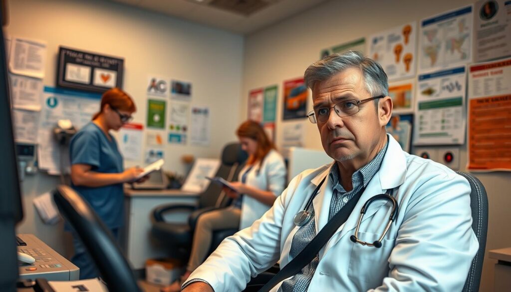 A busy doctor's office, the walls lined with medical charts and equipment. In the foreground, a concerned-looking truck driver sits in an examination chair, his brow furrowed as the doctor reviews his test results. The middle ground features a nurse taking notes, while the background showcases a variety of health-related posters and informational displays. Soft, indirect lighting casts a contemplative mood, and the camera angle suggests a sense of professionalism and authority. The driver's expression conveys the challenges and uncertainties he faces in navigating the healthcare system and insurance requirements as a member of this high-risk occupation.
