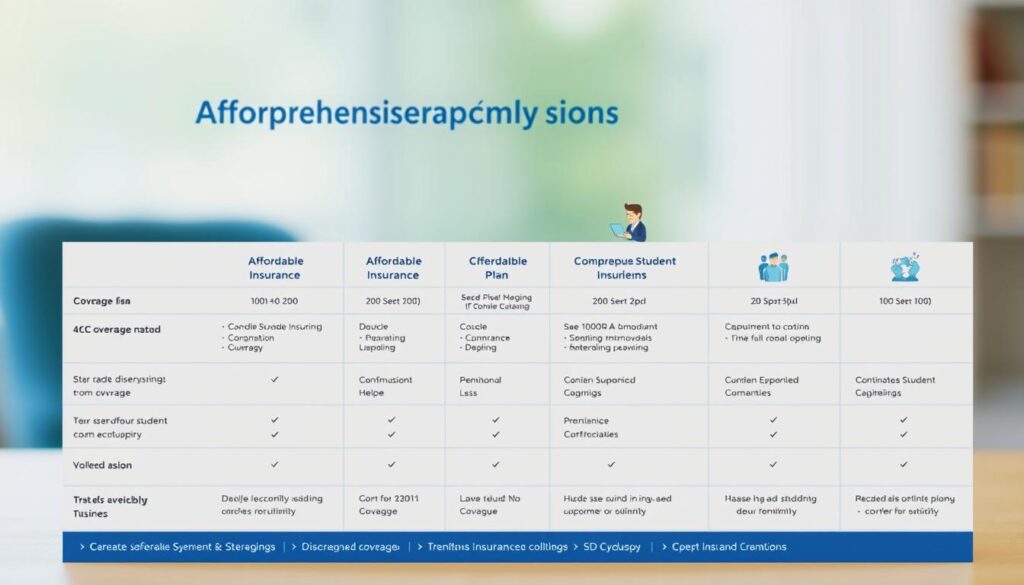 A clean, modern comparison table showcasing various affordable student insurance plans. The foreground features a grid-like layout with detailed plan summaries, including coverage, deductibles, and premiums. The middle ground depicts student icons and symbolic graphics representing key plan features. The background has a soft, blurred gradient in a calming palette of blues and greens, conveying a sense of trust and reliability. The lighting is natural and diffused, creating a bright, inviting atmosphere. The camera angle is slightly elevated, providing an overview of the comprehensive insurance options.