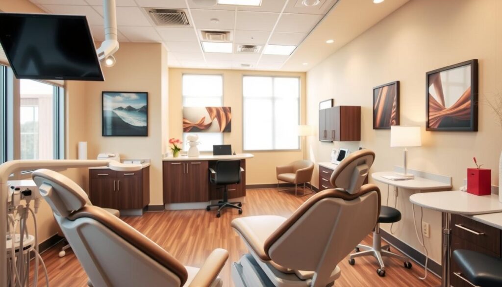 A clean, well-lit dental office interior with warm, inviting colors and textures. In the foreground, a modern dental chair and equipment, conveying the high-quality care provided. In the middle ground, a receptionist's desk and seating area, where patients can coordinate their dental benefits and insurance. The background features soothing wall art, natural light, and other details that create a calming, professional atmosphere. The overall scene exudes a sense of trust, reliability, and attention to patient needs, reflecting the coordination of dental benefits for operating engineers.