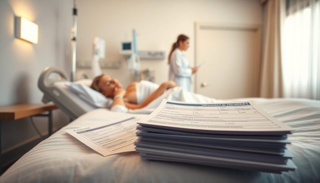 A clean, well-lit hospital room with a patient lying in a bed, IV drip attached. In the foreground, a stack of medical bills and insurance forms, showcasing the financial aspect of accident medical coverage. In the background, a doctor and nurse discussing treatment options, conveying the comprehensive nature of the insurance benefits. Soft, warm lighting illuminates the scene, creating a sense of comfort and care. The overall atmosphere is one of reassurance and security, highlighting the importance of accident medical insurance in safeguarding one's well-being.