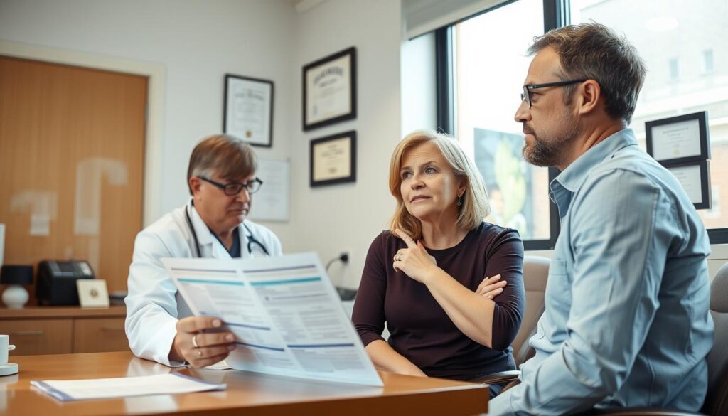 A clinical office setting with a patient and a myofunctional therapist discussing treatment options and costs. The scene is well-lit with warm, natural lighting from a large window. The therapist is gesturing to an informative brochure on a desk, while the patient looks thoughtful, considering the financial implications. The background features medical charts and diplomas, conveying a professional, trustworthy atmosphere. The composition emphasizes the patient's thoughtful expression, reflecting the financial considerations of myofunctional therapy.