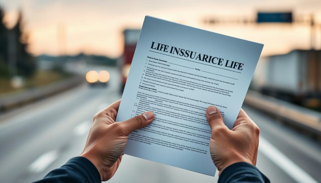 A close-up shot of a person's hands holding a life insurance policy document against a blurred background of a highway, symbolizing the importance of coverage for truck drivers. The hands are well-lit, creating a sense of focus and clarity, while the background is softly blurred, emphasizing the subject. The policy document is displayed prominently, with clean lines and legible text, conveying the detailed information needed to choose the appropriate coverage amount. The overall mood is one of thoughtfulness and responsibility, reflecting the careful consideration required when selecting life insurance for a truck driver's unique needs.