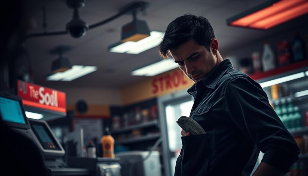 A convenience store interior with a cash register, security cameras, and shelves of merchandise. In the foreground, an employee discreetly slips cash into their pocket, their eyes darting around nervously. The lighting is harsh, casting long shadows and creating a tense, unsettling atmosphere. The background is blurred, hinting at the potential consequences of such actions. The scene conveys the risks of employee dishonesty and the need for comprehensive insurance coverage to protect the gas station owner.