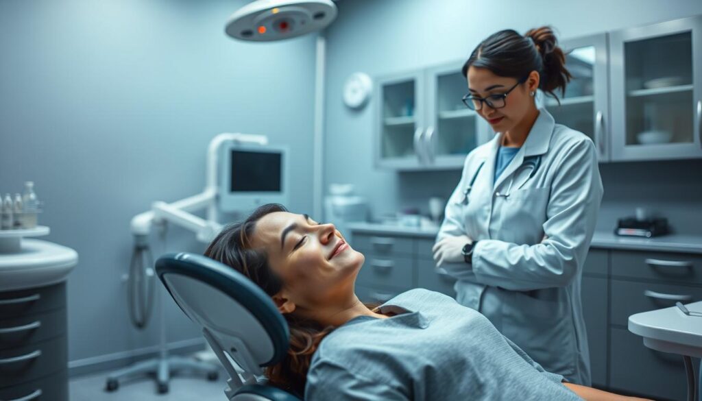 A dentist's office with calming, subdued lighting and soothing blue-gray tones. In the foreground, a patient reclining comfortably in a dental chair, their eyes gently closed as they undergo a sedation procedure. The dentist, dressed in a crisp white lab coat, stands beside them, monitoring the process with a gentle, reassuring expression. In the background, medical equipment and cabinets suggest a well-equipped, professional setting dedicated to providing a comfortable, stress-free dental experience. The overall atmosphere conveys a sense of tranquility and patient well-being, reflecting the principles of sedation dentistry.