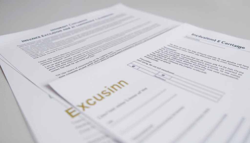 A detailed contract document with highlighted insurance exclusions and limitations clauses, captured in a high-resolution, wide-angle photograph. The document pages are displayed on a smooth, neutral surface, with soft, directional lighting accentuating the text and graphical elements. The image conveys a sense of importance and attention to detail, suitable for illustrating the "Important Exclusions and Limitations" section of the article on NSA Softball Insurance.