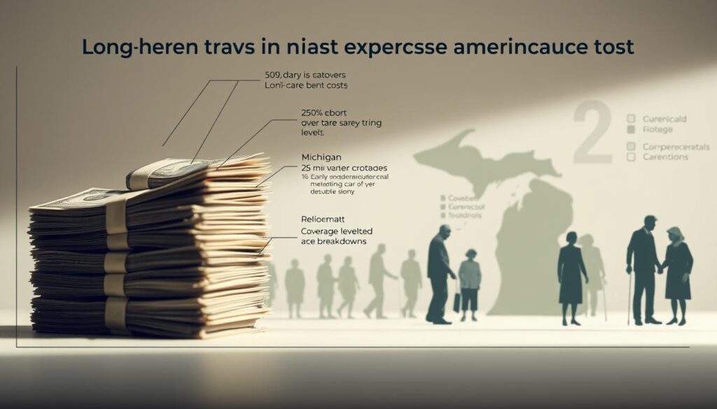 A detailed graph depicting the various factors that influence long-term care insurance costs in Michigan. The foreground shows a stack of dollar bills representing the overall costs, with individual components like daily care rates, coverage levels, and age breakdowns visually represented through infographic elements. The middle ground features silhouettes of elderly individuals, emphasizing the personal impact of these expenses. The background incorporates a stylized map of Michigan, highlighting the regional variations in long-term care costs. The lighting is soft and muted, conveying a sense of contemplation, while the overall composition aims to provide a comprehensive and informative visualization of this important retirement planning consideration.