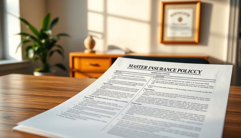 A detailed, high-resolution image of a comprehensive HOA master insurance policy document resting on a wooden desk, illuminated by warm, natural lighting. The document features clear, legible text and a professional, authoritative design. The background showcases a tranquil, minimalist office setting, with a potted plant and a framed certificate on the wall, conveying a sense of trust and expertise. The overall composition emphasizes the importance and complexity of understanding the HOA master insurance policy, a crucial document for homeowners.