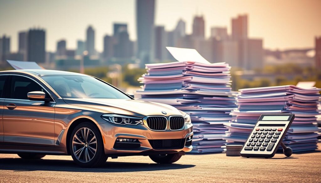 A detailed illustration of a trust-owned vehicle's property tax implications. In the foreground, a sleek luxury sedan is prominently displayed, its metallic paint reflecting the sunlight. In the middle ground, stacks of official-looking documents and a calculator symbolize the administrative and financial aspects of vehicle ownership. The background features a city skyline, hinting at the broader legal and regulatory context. The lighting is warm and inviting, with a soft depth of field to draw the viewer's attention to the key elements. The overall mood conveys a sense of careful financial planning and responsible vehicle ownership within the context of a trust.