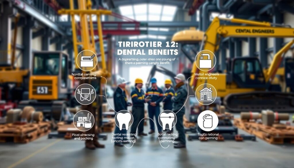 A detailed illustration of various dental benefits associated with Operating Engineers Local 12, showcased against a backdrop of construction equipment and machinery. The foreground features a clear visualization of dental care services, including dental checkups, cleanings, and fillings, with icons and visual cues to represent these benefits. The middle ground depicts a group of construction workers, dressed in their uniforms, engaging in discussions and highlighting the importance of these dental benefits to their overall well-being. The background is a well-lit, industrialized setting, with cranes, excavators, and other heavy machinery, conveying the professional context of the operating engineers. The overall tone is informative, emphasizing the comprehensive nature of the dental benefits and their role in supporting the health and productivity of the workforce.