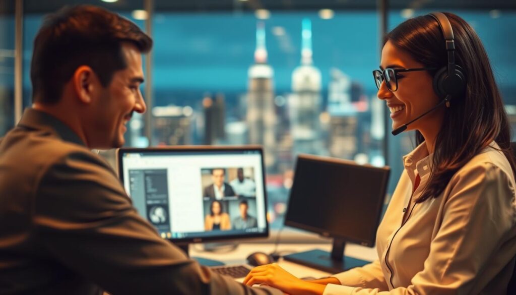 A detailed live transfer process unfolds before a professional backdrop. In the foreground, a friendly call agent guides a customer through the seamless transition, their expressions conveying empathy and expertise. The middle ground showcases advanced communication technology, with a sleek desktop interface and high-quality headset. In the background, a vibrant cityscape hints at the global reach of the live transfer service. Soft, warm lighting casts a professional glow, while a shallow depth of field keeps the focus on the human interaction at the heart of the process. The overall atmosphere exudes efficiency, reliability, and a commitment to delivering exceptional customer experiences.