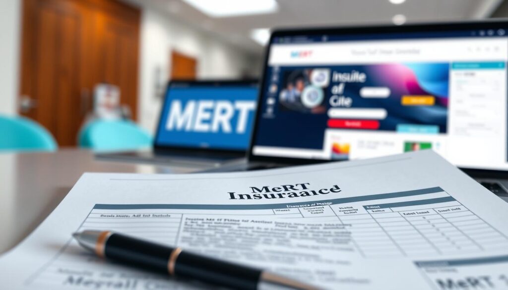 A detailed medical chart depicting MeRT insurance coverage. In the foreground, a sleek, professional-looking document with the title "MeRT Insurance Coverage" prominently displayed. The document has a clean, clinical aesthetic with carefully organized information and elegant typography. In the middle ground, a laptop screen shows an online insurance portal, hinting at the digital aspect of MeRT coverage. The background features a slightly blurred medical facility, with soft lighting and a calming, authoritative atmosphere, conveying the medical context of MeRT. The overall scene strikes a balance between the technical, informative nature of the subject and the reassuring, trustworthy ambiance of professional healthcare.