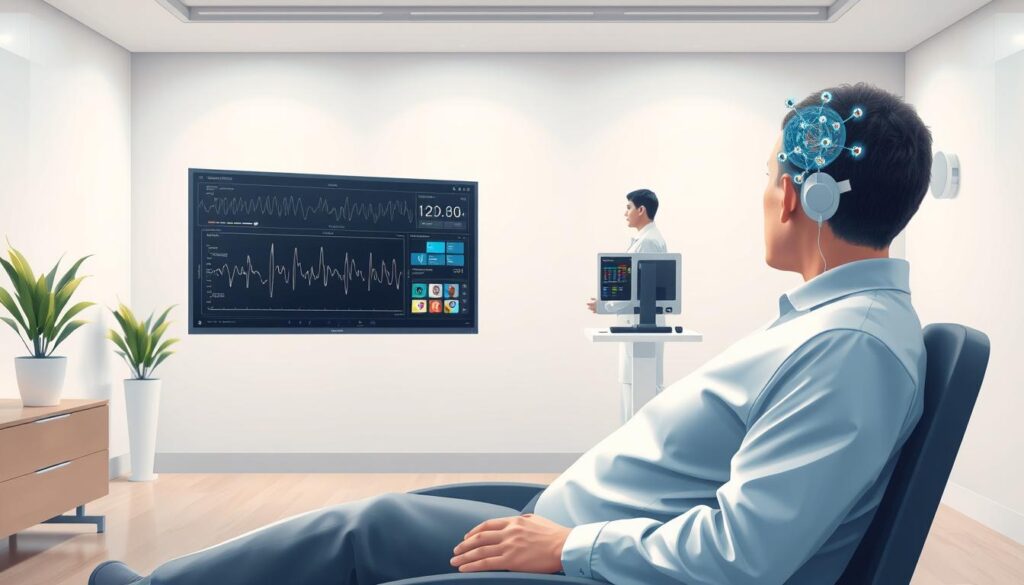 A detailed medical illustration showcasing the step-by-step MeRT treatment process. In the foreground, a patient sits comfortably, electrodes attached to their head, undergoing a neuromodulation therapy session. The middle ground features a technician monitoring the patient's brain activity on a high-resolution display. In the background, a minimalist medical clinic setting with clean lines and soothing colors. Soft, indirect lighting illuminates the scene, creating a calming, professional atmosphere. The overall composition conveys the sophisticated, evidence-based nature of the MeRT approach to treating neurological and mental health conditions.