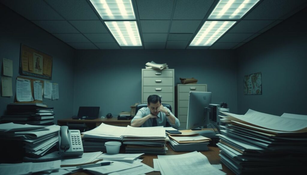 A drab, uninspired office setting. In the foreground, a desk cluttered with outdated paperwork and a landline phone. Overhead, harsh fluorescent lighting casts a sickly glow. The middle ground is dominated by a lone employee, slumped over their computer, a look of resignation etched on their face. In the background, a filing cabinet towers ominously, a symbol of the inefficient, analog systems that define traditional lead generation. The scene is devoid of energy, creativity, and the vibrancy of modern business. The mood is one of stagnation and missed opportunities.