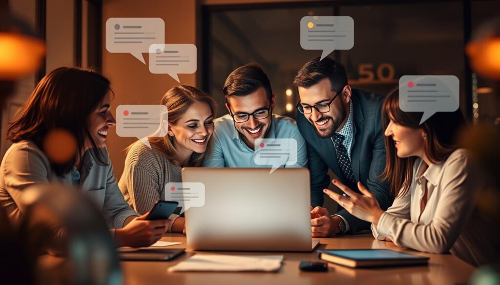 A dynamic team of business people collaborating on a laptop, surrounded by live chat bubbles, financial data, and digital devices. The scene is bathed in a warm, inviting lighting with a slight depth of field, creating a sense of focus on the central activity. The overall atmosphere conveys the advantages of live transfer leads - increased engagement, real-time insights, and a personalized customer experience that drives business growth.