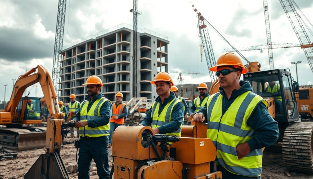 A group of skilled operating engineers dressed in high-visibility uniforms, hard hats, and safety gear, operating a variety of heavy machinery and equipment on a construction site. The scene is captured with a wide-angle lens, showcasing the engineers' coordination and teamwork as they expertly maneuver excavators, cranes, and bulldozers against a backdrop of partially constructed buildings and a cloudy, yet bright, sky. The lighting is natural, casting long shadows and highlighting the rugged, industrial nature of their work. The overall atmosphere conveys the discipline, expertise, and pride associated with the operating engineers' profession.