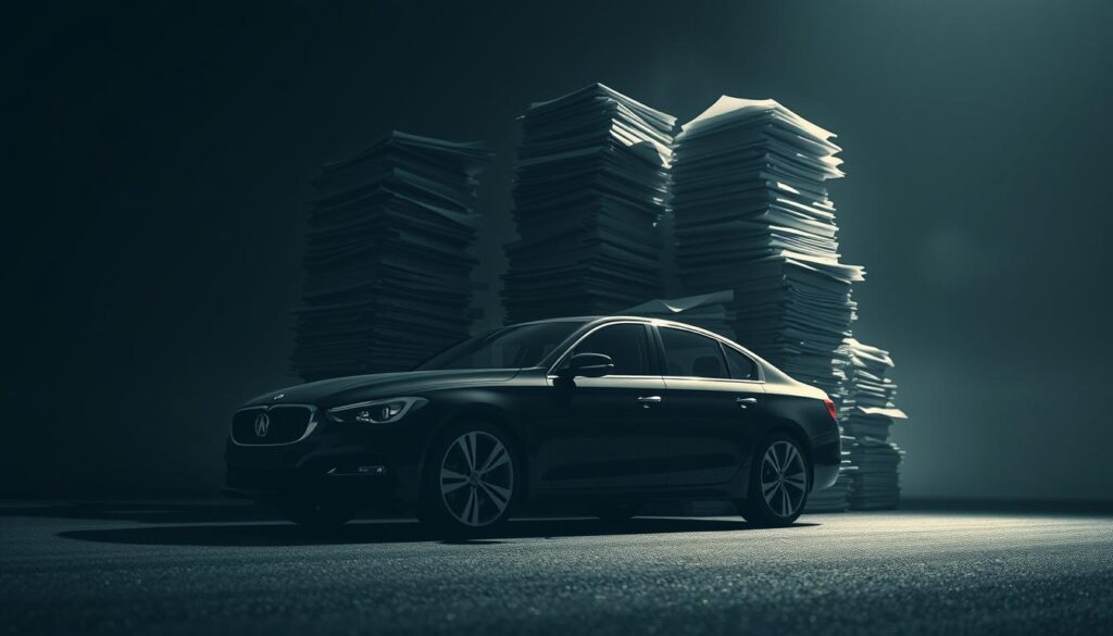A high-contrast, photorealistic image of a car surrounded by a shadowy legal paperwork landscape. In the foreground, a car is parked on a dimly lit road, its sleek lines and chrome accents gleaming under a dramatic chiaroscuro lighting. Towering stacks of documents, contracts, and liability forms loom in the middle ground, casting ominous shadows across the scene. The background is blurred and hazy, creating a sense of uncertainty and unease. The overall atmosphere conveys the weighty legal implications and potential risks associated with trust-owned vehicles.