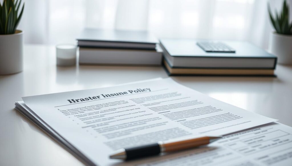 A high-quality, detailed image of an open HOA master insurance policy document, shot in a well-lit, professional setting. The policy pages are neatly arranged on a clean, minimalist desk, with a pen or highlighter in the foreground, suggesting the process of reading and understanding the policy. The lighting is soft and diffused, creating a sense of clarity and focus. The composition emphasizes the policy document, drawing the viewer's attention to the information contained within. The overall mood is one of careful study and thoughtful analysis, aligning with the section title "Reading and Understanding Your Policy."