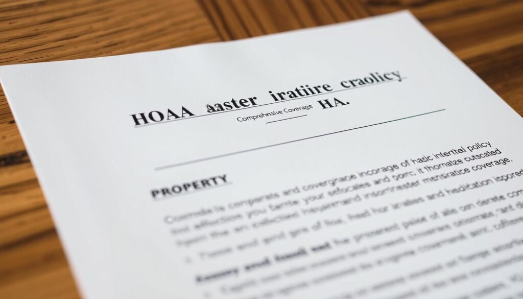 A high-quality image of an HOA master insurance policy document, photographed from an overhead angle with natural lighting and a shallow depth of field, showcasing the comprehensive coverage details. The document's pages are crisp and legible, with clear delineation of the various policy sections, including liability, property, and general coverage. The image conveys a sense of professionalism and attention to detail, reflecting the importance of understanding the scope of an HOA's master insurance policy.