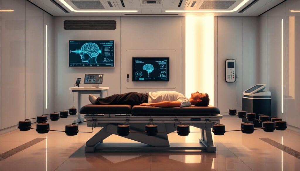 A high-tech medical laboratory with state-of-the-art electromagnetic equipment. In the foreground, a patient reclining on a specialized treatment table, surrounded by an array of precisely positioned magnetic resonance sensors. The middle ground features a wall-mounted display showing real-time brain activity data and vital signs. The background is a clean, sterile environment with sleek, minimalist design elements, bathed in a warm, soothing lighting scheme that conveys a sense of advanced, cutting-edge technology and therapeutic care. The overall scene evokes a feeling of innovation, precision, and the synergy between the human body and modern medical science.