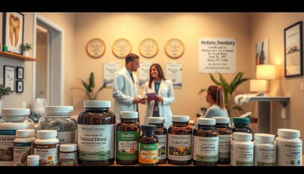 A holistic dental office with a calm, soothing atmosphere. In the foreground, an array of natural dental products and supplements. In the middle ground, a dentist in a white coat consulting with a patient, discussing alternative treatments. In the background, a wall displaying certifications in holistic dentistry and insurance information. Warm lighting illuminates the scene, conveying a sense of wellness and care. The overall composition suggests a harmonious integration of traditional and alternative dental practices, with a focus on the patient's comprehensive well-being.