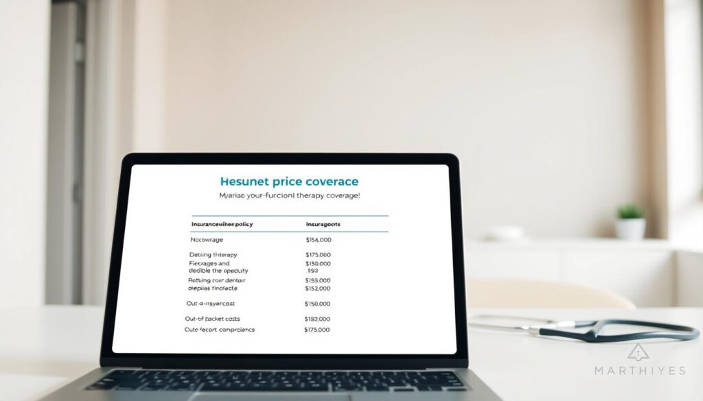 A minimalist, clean-lined medical office setting with a focus on a laptop or tablet displaying insurance policy details related to myofunctional therapy coverage. The foreground shows the device screen with a concise breakdown of coverage, deductibles, and out-of-pocket costs. The middle ground features a neutral-toned desk or table, possibly with a few medical-themed accessories like a stethoscope or clipboard. The background is a softly blurred, professional environment with muted colors, suggesting a healthcare or administrative space. Soft, natural lighting illuminates the scene, creating a calm, reassuring atmosphere. The overall composition conveys a sense of informative clarity about the insurance aspects of myofunctional therapy.