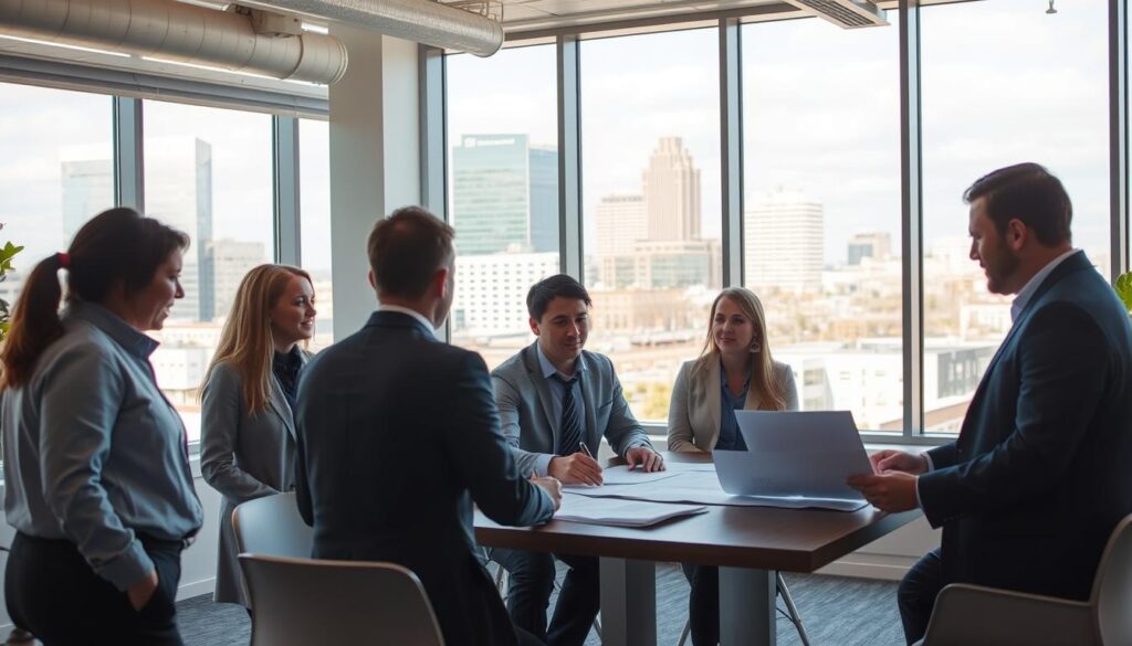 A modern, airy office space bathed in natural light, with a team of professional insurance restoration consultants from Owatonna, MN, gathered around a table, discussing plans and reviewing documents. The consultants, dressed in business attire, appear engaged and focused, reflecting their expertise and dedication to helping clients navigate the complexities of insurance claims and property restoration. In the background, a view of the vibrant downtown Owatonna skyline, conveying a sense of the local community and the consultants' deep roots in the area. The overall atmosphere exudes a combination of professionalism, trustworthiness, and a commitment to providing exceptional service to their clients.