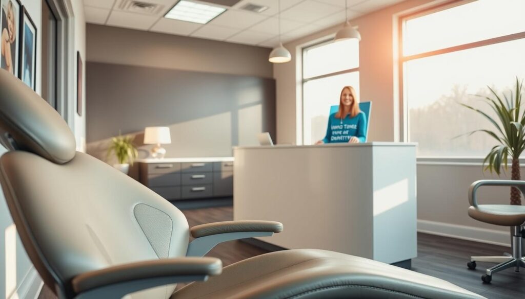 A modern and inviting dental office interior, with a focus on the sedation dentistry consultation area. In the foreground, a comfortable chair with plush upholstery and adjustable settings, ideal for sedation procedures. The middle ground showcases a sleek, minimalist reception desk with a friendly receptionist, and behind it, a display highlighting insurance coverage options for sedation dentistry. The background features warm, natural lighting filtering through large windows, creating a calming atmosphere. The overall scene conveys a sense of professionalism, trust, and a patient-centric approach to dental care.