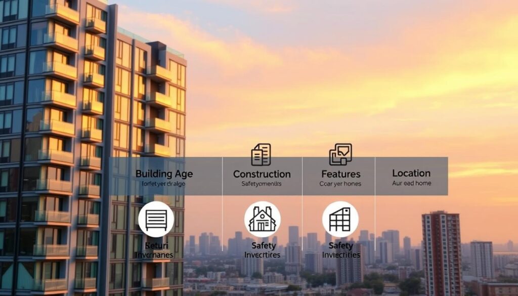A modern apartment building with a sleek, contemporary design stands in the foreground, its glass facade reflecting the warm glow of the setting sun. In the middle ground, a series of informative icons and graphics illustrate key factors influencing condo insurance rates, such as the building's age, construction materials, safety features, and location. The background features a city skyline, with a serene, pastel-colored sky overhead, conveying a sense of security and stability. The overall composition suggests the importance of understanding these critical elements when determining the appropriate condo insurance coverage for one's home.