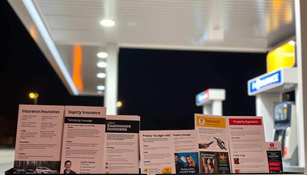 A modern gas station with various insurance-related offerings prominently displayed. In the foreground, a row of informative brochures and pamphlets showcasing different insurance coverage options, from liability to property damage. The middle ground features signage highlighting the station's commitment to protecting its customers and business with comprehensive insurance solutions. In the background, the gas station's sleek and well-lit canopy creates a professional, trustworthy atmosphere. The lighting is warm and inviting, with reflections on the shiny fuel pumps. The overall scene conveys a sense of safety, security, and the importance of tailored insurance for the evolving needs of a modern gas station.