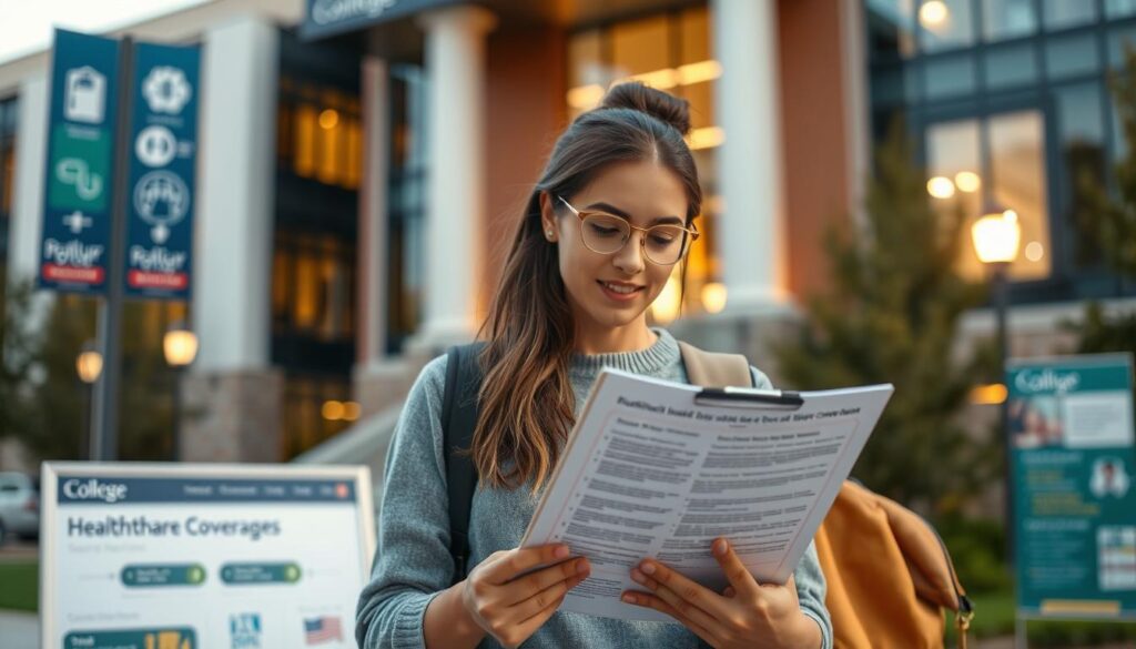 A modern healthcare coverage plan against a backdrop of college campus architecture. A student holding a clipboard reviews policy details while surrounded by signage and information brochures. Warm lighting highlights the scene, conveying a sense of diligence and confidence in navigating the complexities of student insurance. The composition balances close-up details with a wider contextual view, emphasizing the importance of understanding essential coverage components for a secure academic experience.