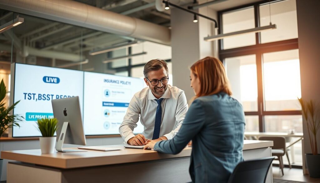 A modern insurance office interior with a professional agent assisting a client in reviewing insurance policy options on a laptop. The agent's desk features a prominent display showcasing live transfer leads, with a warm and inviting atmosphere created by soft lighting, minimalist decor, and large windows providing natural illumination. The client and agent are engaged in a collaborative discussion, conveying the flexibility and personalized service of the insurance provider. The scene reflects the insurance company's commitment to helping clients find the right coverage to fit their unique business needs.