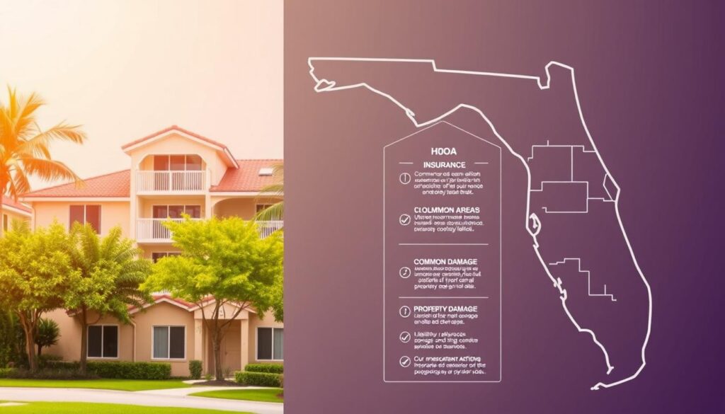 A modern, minimalist illustration of Florida's HOA insurance requirements. In the foreground, a residential building with a distinct Florida architectural style, surrounded by lush, tropical foliage. In the middle ground, a detailed blueprint highlighting key insurance coverage areas, such as common areas, liability, and property damage. The background features a soft, warm gradient evoking the Sunshine State's vibrant atmosphere. The lighting is soft and diffused, creating a sense of professionalism and authority. The overall composition conveys a comprehensive, Florida-specific understanding of HOA insurance essentials.