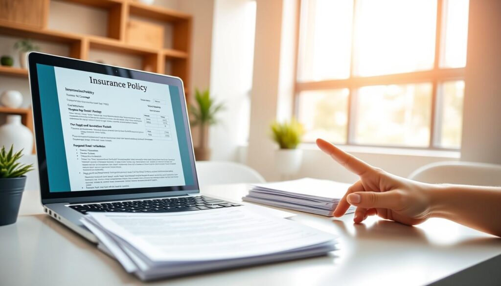A modern office interior with a laptop displaying an insurance policy document, a stack of medical paperwork, and a person's hand gesturing towards the screen. The scene is bathed in soft, natural lighting from a large window, creating a sense of professionalism and approachability. The focus is on the insurance policy details, with the medical paperwork and hand gesture emphasizing the process of checking coverage for myofunctional therapy. The atmosphere is one of informed decision-making, with a clean and organized layout that reflects the specialized nature of the topic.