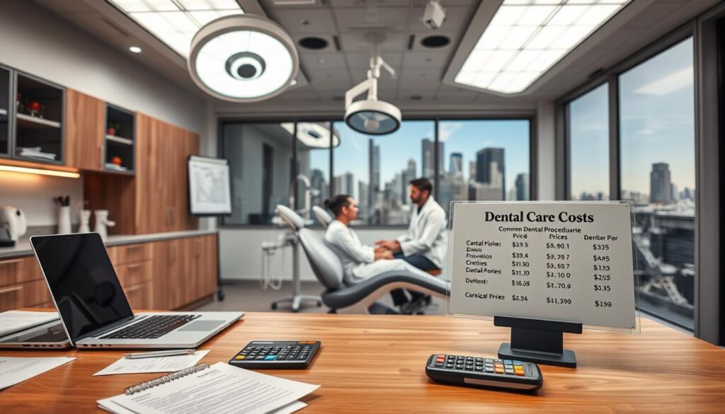 A modern surgical clinic interior with bright, sterile lighting. In the foreground, a wooden desk with a laptop, calculator, and various medical forms spread out. On the desk, a sign reading "Dental Care Costs" stands prominently. Behind the desk, a wall-mounted display shows a detailed breakdown of common dental procedure prices. In the middle ground, a patient sits in a high-tech dental chair, conversing with a concerned-looking dentist. In the background, cabinets, equipment, and a panoramic window overlooking a bustling city skyline. The overall atmosphere conveys professionalism, transparency, and a focus on providing affordable, accessible dental care.