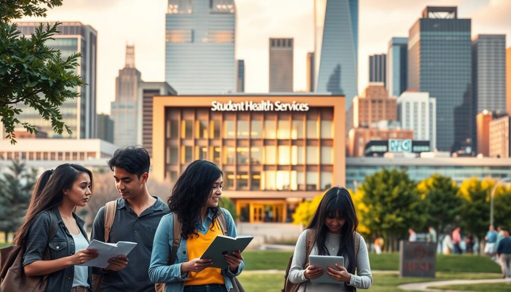 A modern university campus with a focus on student health insurance plans. In the foreground, a group of diverse students discussing different plan options, with brochures and laptops in hand. The middle ground features a prominent building with a prominent "Student Health Services" sign, bathed in warm, natural lighting. In the background, a bustling cityscape with towering skyscrapers and a vibrant, youthful energy. The scene conveys a sense of informed decision-making, community, and the importance of comprehensive healthcare for students.