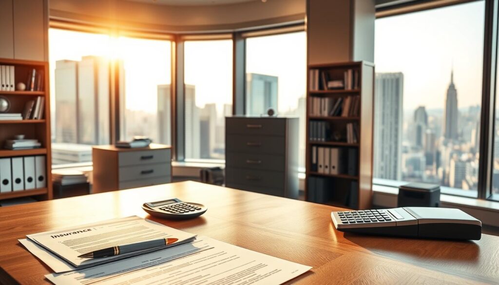 A modern, well-lit office setting with a large wooden desk in the foreground. On the desk, a stack of insurance documents, a calculator, and a fountain pen. The middle ground features a filing cabinet and a bookshelf filled with reference materials. The background showcases a panoramic city skyline visible through floor-to-ceiling windows, bathed in warm, golden natural light. The overall atmosphere conveys professionalism, attention to detail, and a sense of financial expertise dedicated to maximizing insurance payments.