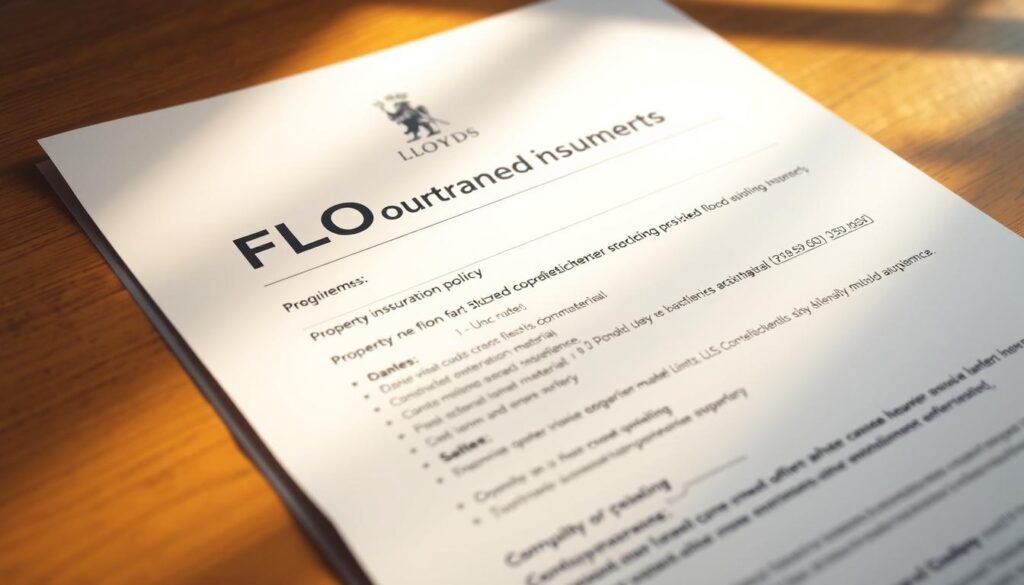 A neatly organized document with the Lloyds logo prominently displayed, showcasing the key requirements for a Lloyds flood insurance policy. The document should have a clean, professional design with clear section headings and bullet points detailing the specific criteria, such as property location, construction materials, and coverage limits. The document should be illuminated by warm, natural lighting, creating a sense of authority and reliability. The angle should be slightly elevated, giving the impression of a comprehensive, well-curated overview of the Lloyds flood insurance policy requirements.
