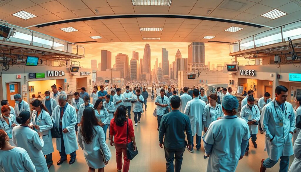 A panoramic view of the complex US healthcare system, captured through a wide-angle lens. In the foreground, a diverse group of patients navigates a maze of hospitals, clinics, and insurance providers, each with their unique challenges. The middle ground reveals a bustling network of doctors, nurses, and medical professionals, working tirelessly to deliver care. In the background, towering skyscrapers of pharmaceutical companies and insurance conglomerates loom, casting a shadow over the entire scene. The lighting is warm and inviting, yet the atmosphere conveys a sense of uncertainty and the overwhelming scale of the system. Intricate details, such as medical equipment, signage, and administrative paperwork, add depth and realism to the image.