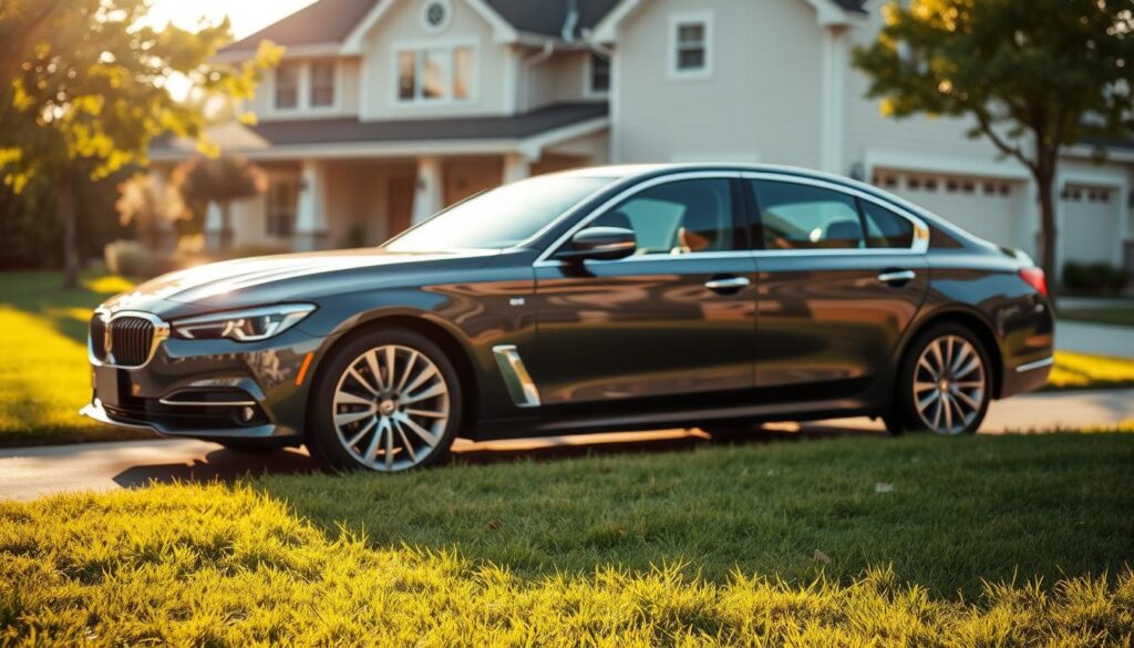 A peaceful suburban neighborhood, with a well-manicured lawn and a modern family home in the background. In the foreground, a sleek and shiny luxury sedan is parked, its gleaming chrome accents catching the warm afternoon sunlight. The car is surrounded by a soft, ethereal glow, symbolizing the sense of trust and security that comes with placing it under the protection of a legal trust. The scene conveys a feeling of stability, comfort, and financial responsibility, reflecting the importance of ensuring the proper ownership and insurance coverage for a valuable asset like a car owned by a trust.