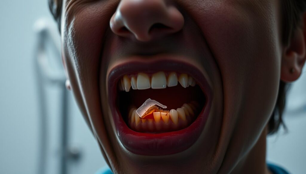 A person's face in close-up, expressing a pained expression, with a focus on the open mouth, revealing a damaged tooth. The lighting is harsh, casting dramatic shadows to convey the sense of urgency and distress. The background is blurred, but hints at a sterile, medical environment, suggesting an emergency dental setting. The overall mood is one of concern and the need for immediate treatment, capturing the essence of a dental emergency situation.