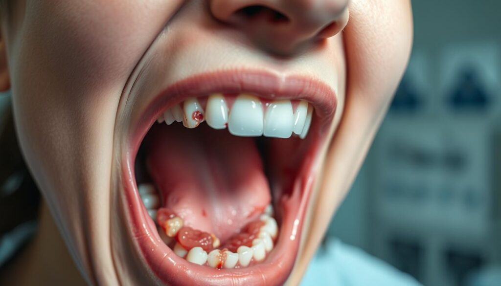 A person's mouth agape, teeth in disarray, gums swelling and inflamed, a sense of urgent distress etched on their face. Bright, clinical lighting illuminates the dental emergency, casting sharp shadows that highlight the severity of the situation. The image's foreground focuses intently on the mouth, while the background fades into a blurred, sterile environment, emphasizing the focal point. This scene conveys the pain, anxiety, and need for immediate care that characterizes a dental emergency, reflecting the gravity of the topic at hand.