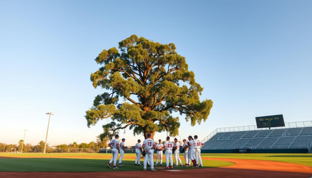 A pristine baseball diamond under a clear, azure sky. In the foreground, a group of baseball players in crisp uniforms, gathered together in a huddle, discussing the importance of general liability protection. In the middle ground, a towering oak tree casts a gentle shadow over the scene, symbolizing the security and protection that a strong insurance policy can provide. The background features a modern, well-maintained sports complex, with gleaming metal bleachers and a scoreboard that displays the team's name. Soft, diffused lighting creates a warm, inviting atmosphere, conveying a sense of camaraderie and team spirit. The overall composition is balanced and visually striking, capturing the essence of the "General Liability Protection" section of the article.