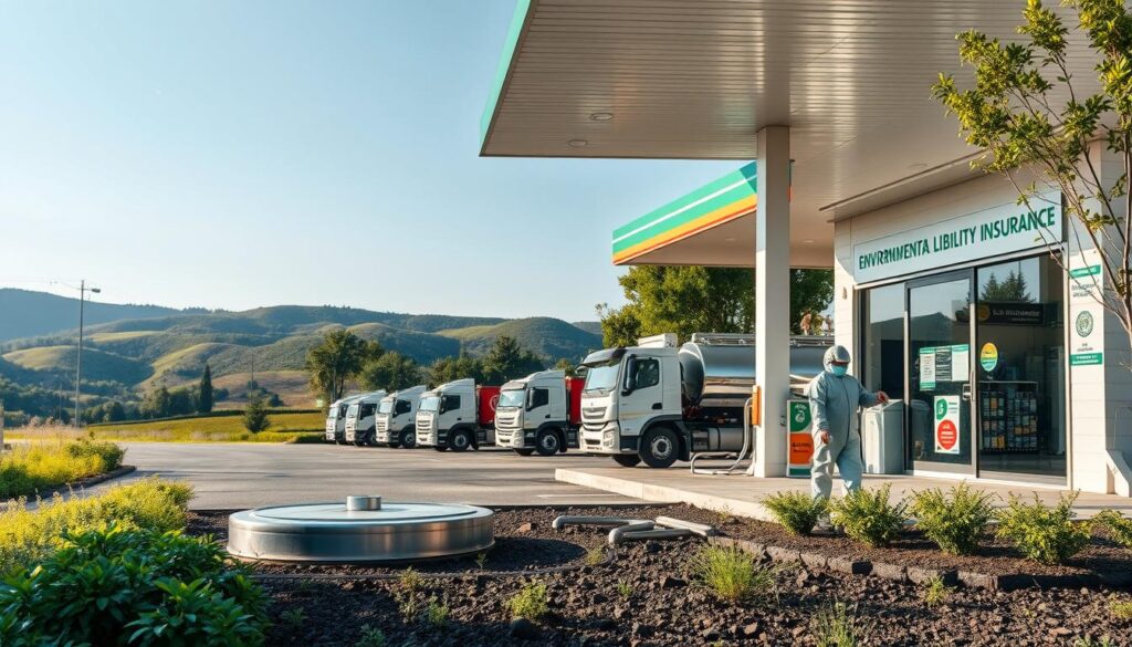 A pristine gas station nestled amidst lush greenery, the storefront adorned with environmental liability insurance signage. In the foreground, a worker in a protective suit inspects the underground fuel tanks, ensuring compliance with strict environmental regulations. In the middle ground, a fleet of fuel trucks awaits, their gleaming chrome an emblem of the station's commitment to responsible operations. The background features a picturesque landscape, with rolling hills and a clear blue sky, conveying a sense of harmony between the station and its natural surroundings. Soft, directional lighting illuminates the scene, casting subtle shadows and highlights that accentuate the attention to detail. The overall mood is one of diligence, safety, and environmental stewardship.