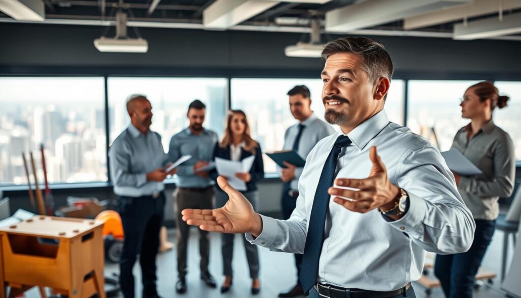 A professional group of insurance restoration consultants standing confidently in a well-lit office, surrounded by architectural plans, clipboards, and construction equipment. In the foreground, a consultant in a collared shirt and tie gestures expressively, engaging with a client. In the middle ground, several colleagues discuss reports and documents. The background features a panoramic window overlooking a bustling urban skyline, conveying a sense of expertise and professionalism within the insurance restoration industry. The lighting is soft and natural, creating a warm and approachable atmosphere.