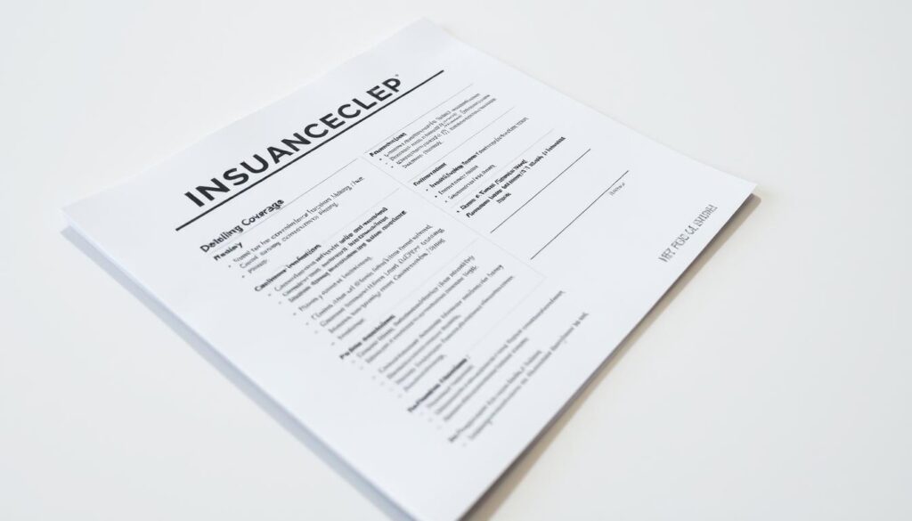 A professional, high-quality insurance document with detailed coverage information prominently displayed on a clean, light-colored background. The document should be captured from a slightly low angle, casting soft shadows to create depth and dimension. The scene should convey a sense of reassurance and reliability, with the insurance coverage details presented in a clear, organized manner to highlight the key information a person would need to verify their benefits.