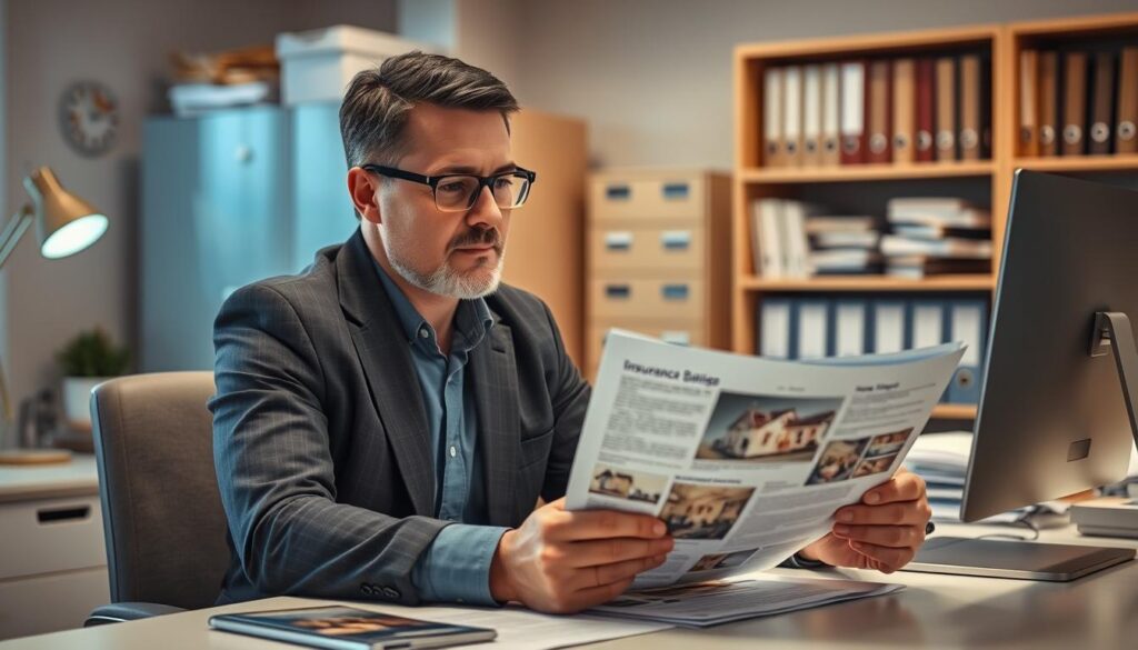 A professional insurance claims agent sits at a desk, meticulously reviewing documents and photos related to a property damage case. The office is well-lit, with a warm, inviting ambiance created by the soft glow of desk lamps and the gentle hum of a computer. The agent's expression is one of focused concentration, as they carefully analyze the details of the claim, ensuring a fair and thorough assessment. In the background, a filing cabinet and shelves filled with case files suggest the depth and complexity of the insurance claims process. The overall scene conveys a sense of professionalism, attention to detail, and a commitment to providing a positive outcome for the policyholder.