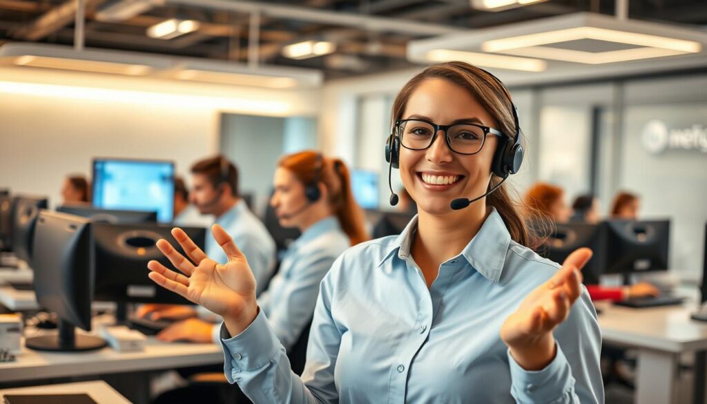 A professional, well-equipped call center with a team of attentive customer service representatives, bathed in warm, inviting lighting. In the foreground, a customer service agent wearing a crisp, collared shirt and headset, smiling warmly and gesturing with an open, welcoming posture. Behind them, a row of agents diligently assisting customers, creating an atmosphere of efficient, personalized support. The middle ground features modern, ergonomic workstations and state-of-the-art telecommunication equipment, conveying a sense of advanced, reliable technology. In the background, a sleek, minimalist office interior with clean lines, neutral tones, and subtle branding elements, radiating a professional, trustworthy ambiance.