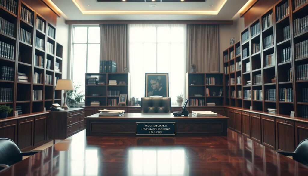 A serene and professional office setting showcases the trust and reliability of an insurance company. A polished wooden desk takes center stage, adorned with neatly organized documents and a plaque denoting the company's legacy. Tall bookshelves line the walls, exuding a sense of authority and expertise. Soft, diffused lighting casts a warm glow, creating an atmosphere of trustworthiness and stability. The room is framed by large windows, allowing natural light to stream in and emphasize the company's transparency. A sense of security and confidence permeates the scene, reflecting the insurance company's commitment to protecting its clients' assets and investments.