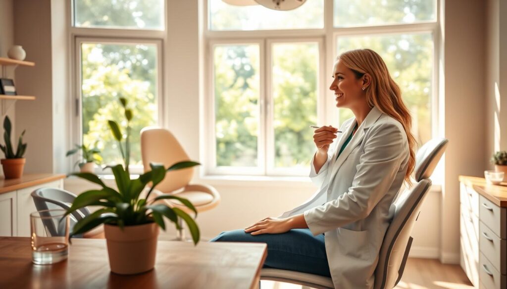 A serene holistic dental office, bathed in warm natural light. In the foreground, a wooden desk with a potted plant and a glass of water, conveying a calming, earthy aesthetic. The middle ground features a comfortable chair and a holistic dentist, dressed in a crisp white coat, examining a patient's teeth with a gentle, attentive expression. The background showcases lush greenery through large windows, evoking a sense of harmony and well-being. The overall mood is one of tranquility, professionalism, and a holistic approach to dental care.
